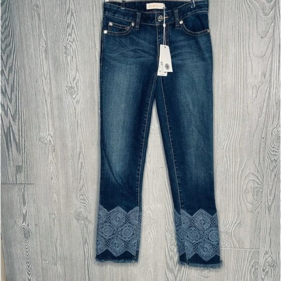 Nwt Tory Burch 11141207 dark warn washed jeans with leg detail cropped size 23